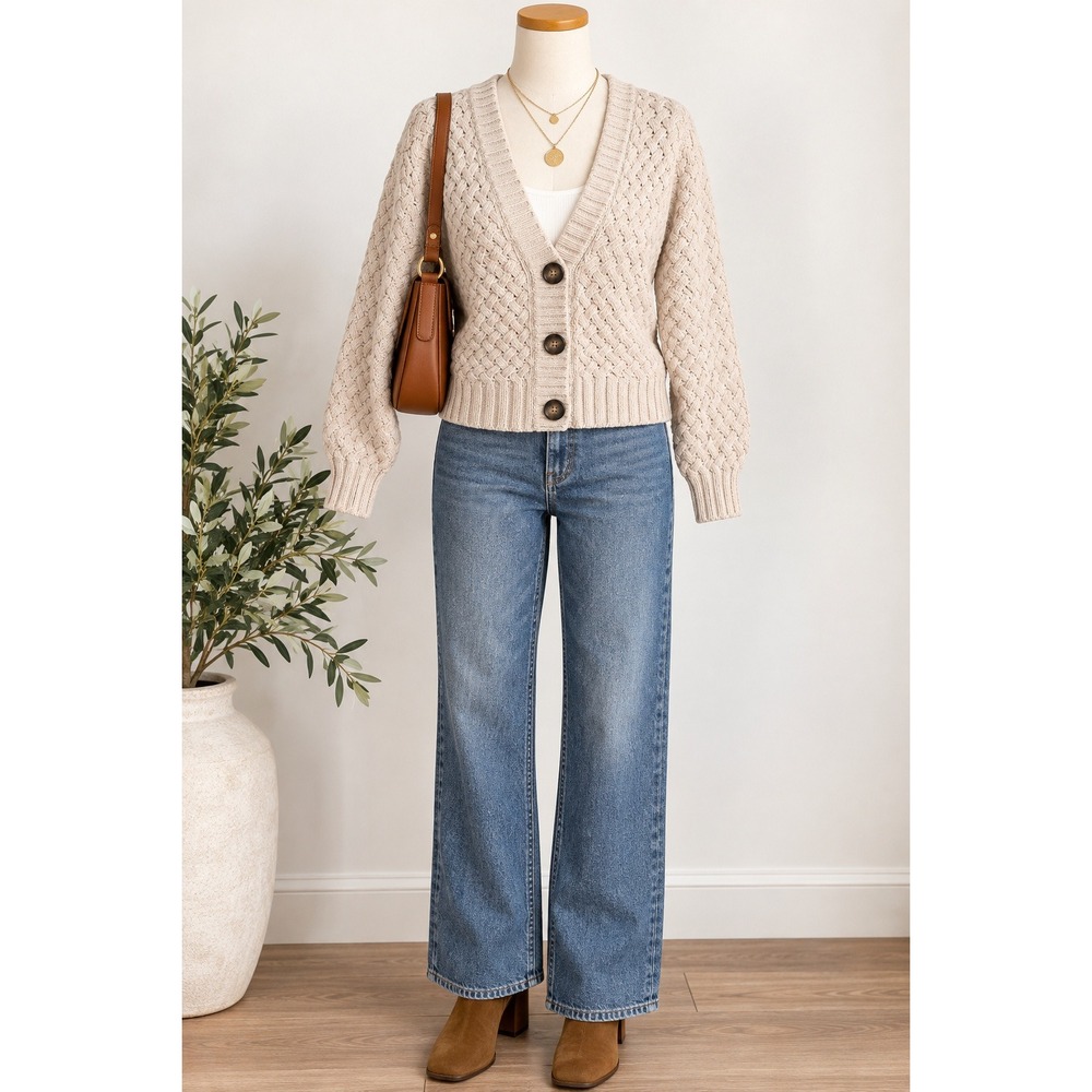 Oak + Meadow Cream Chunky Knit Cardigan Sweater Beige V-Neck XL